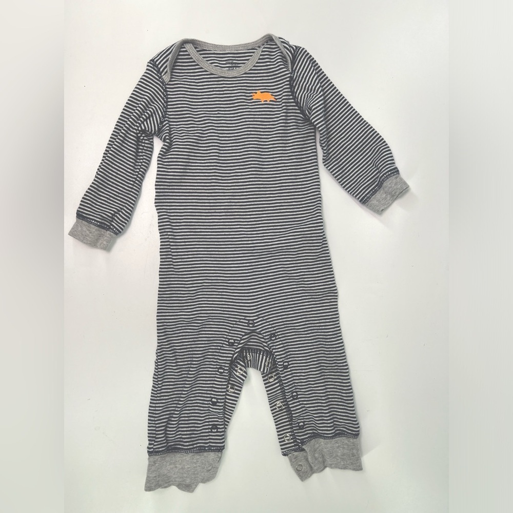 Carter’s Simply Joys Blue Striped Long Sleeve Onesie With Dinosaur Size 12 Mo